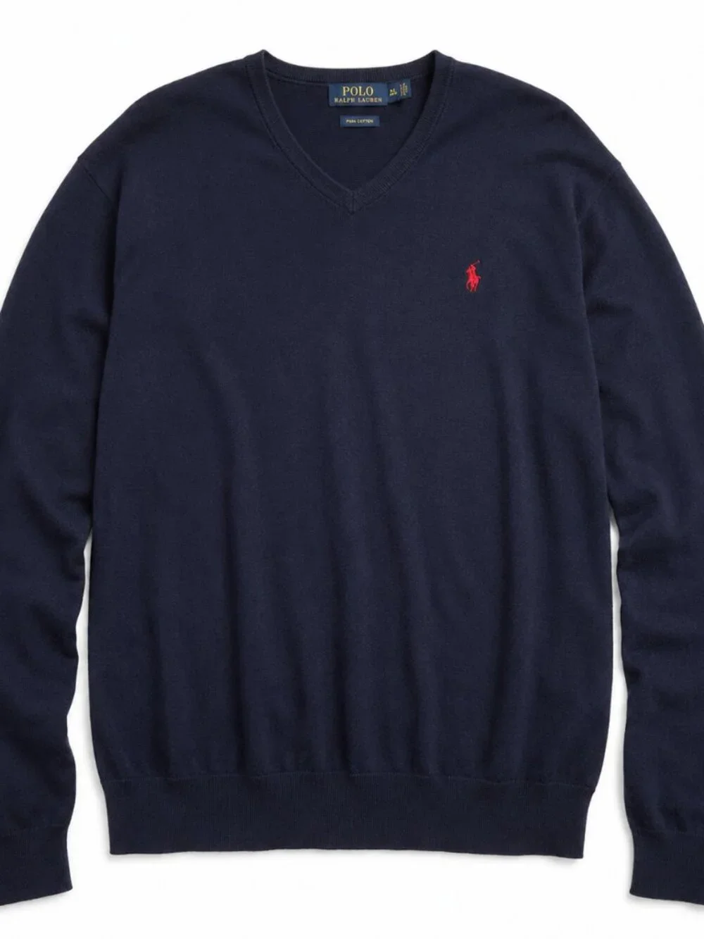 Polo Ralph Lauren XXL 100% Pima Cotton Classic Navy V-Neck Sweater Red Pony